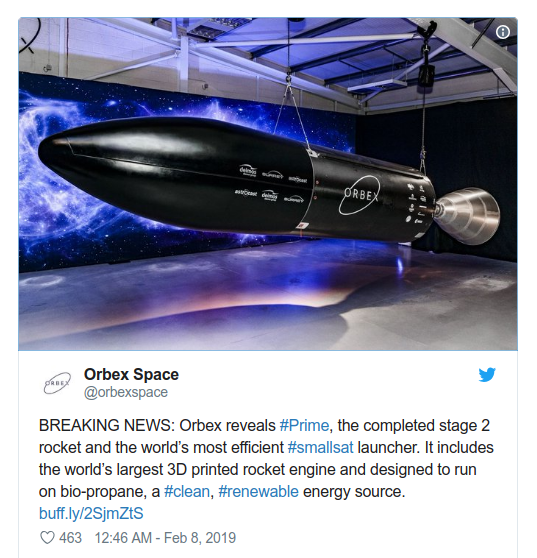 Orbex đang hâm nóng cuộc đua tàu vũ trụ và tên lửa (làm bằng công nghệ in 3D). Ảnh: Twitter.