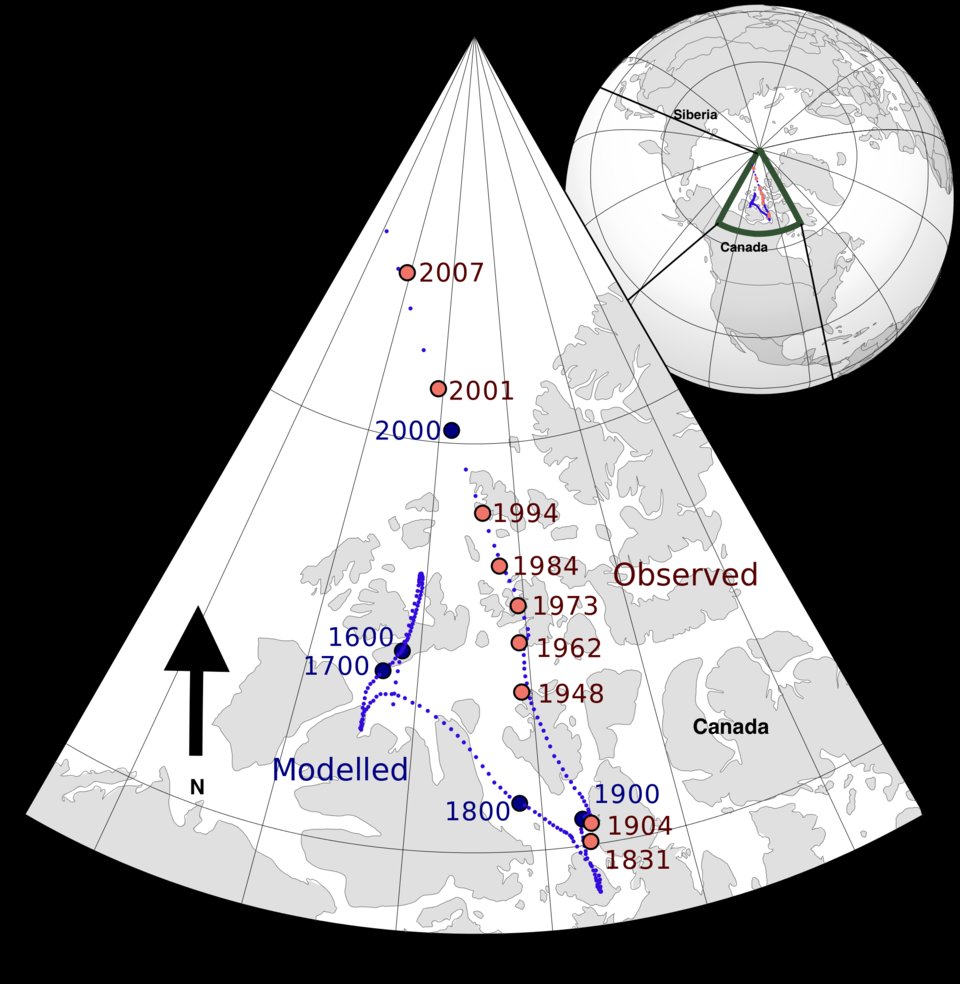 Bản đồ dịch chuyển cực từ phía Bắc từ năm 1600 đến năm 2007. Ảnh: Wikimedia 