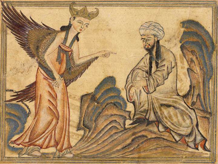 Mohammed gặp Thiên thầnGabriel - người được phái xuống để thông báo rằng ông đã được chọn làm sứ giả củaThiên Chúa. Ảnh: Wikimedia