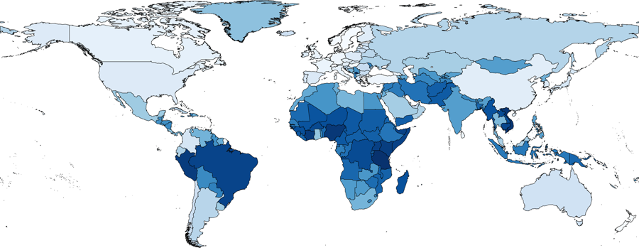 Bản đồ kháng kháng sinh (các nước càng có màu đậm càng có tỉ lệ kháng kháng sinh cao). Bản đồ: Nature.