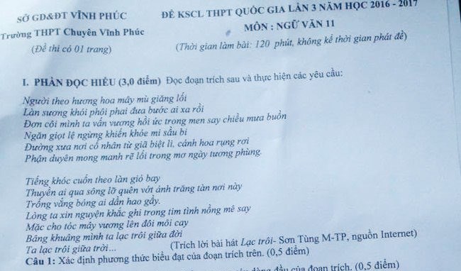 Đề kiểm tra chất lượng môn Văn lớp 11 của trường THPT Chuyên Vĩnh Phúc (năm 2017) yêu cầu học sinh chỉ ra thông điệp trong bài hát “Lạc trôi” của Sơn Tùng M-TP.