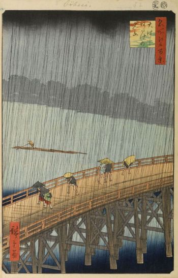 Cơn mưa bất chợt trên cầu(Shin-Ōhashi và Atake) (1857), tranh khắc gỗ của danh họa Utagawa (Andō) Hiroshige(1797-1858), vớinhững quan sát chính xác và tinh tế bậc thầy.