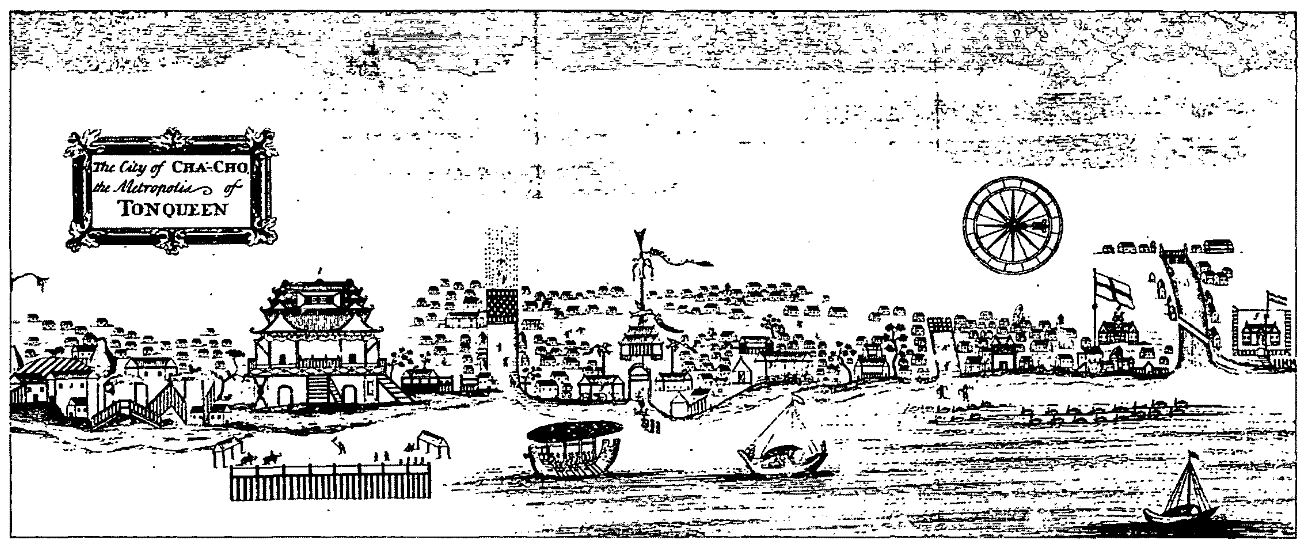 Thăng Long - Kẻ Chợ thế kỷ XVII. Thương điếm của người Anh và người Hà Lan nằm ở phía bên phải ảnh. Nguồn: Hoàng Anh Tuấn (2005).