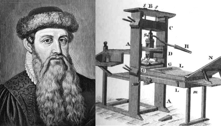 Julian Gutenberg và mô hình máy in do ông sáng chế. Ảnh: Wikimedia.