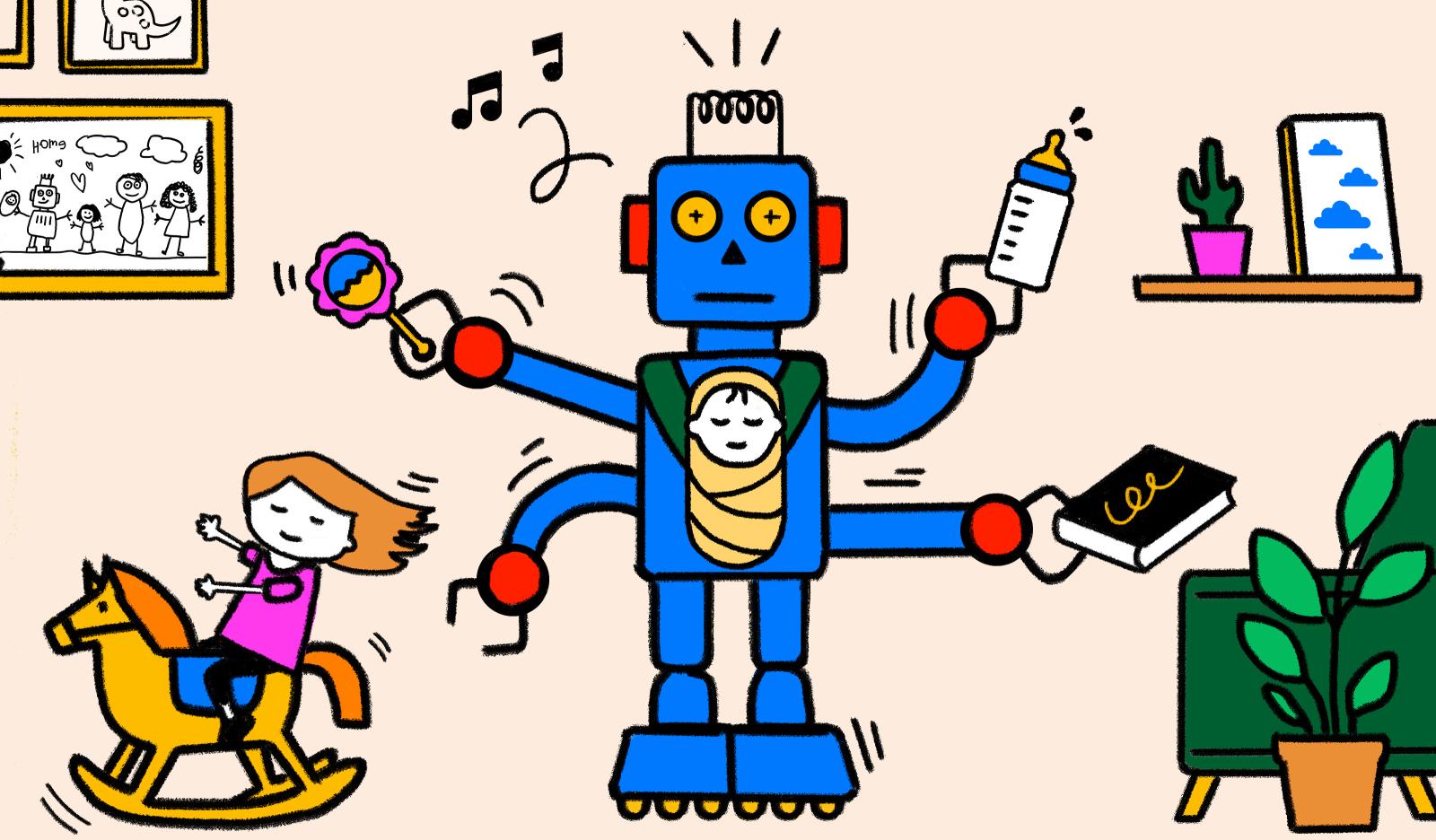 Robot và AI, một ngày nào đó sẽ làm tốt hơn cha mẹ trong việc chăm sóc con cái. Ảnh: Quartz. 