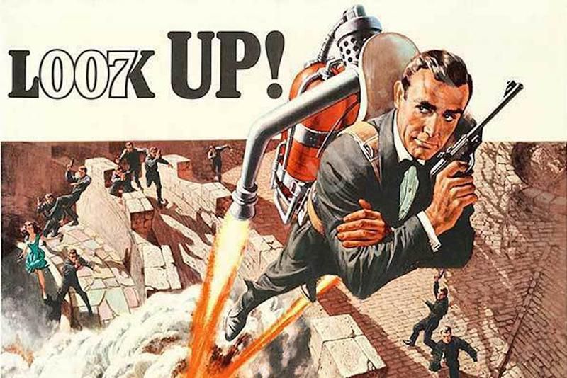Poster phim Thunderball vẽ hình James Bond sử dụng thiết bị gắn động cơ phản lực đeo lưng để trốn thoát. Ảnh: Boing Boing.