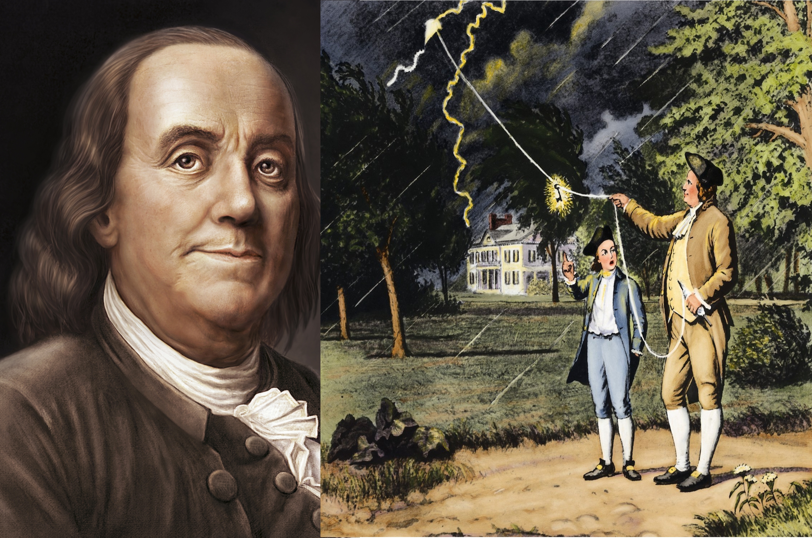 Benjamin Franklin và thí nghiệm thả diều nổi tiếng của ông cùng con trai. Ảnh: History.