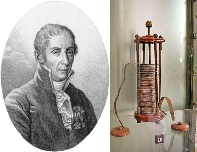 Alessandro Volta và mô hình pin điện đầu tiên của ông. Ảnh: History.