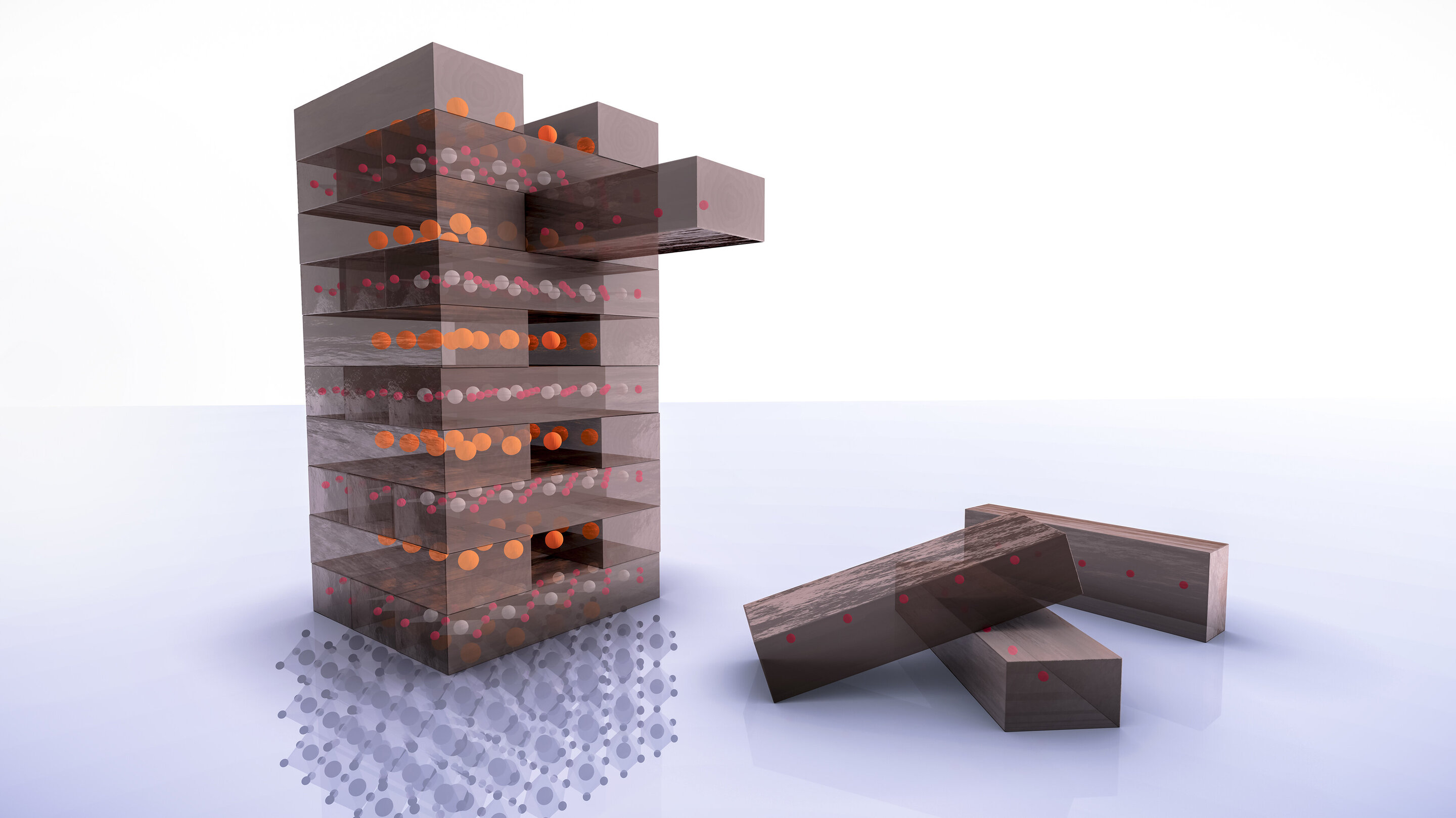 Hình minh họa bước chủ chốt trong quá trình tạo vật liệu siêu dẫn mới. Các nhà nghiên cứu, bằng phương pháp hóa học, đã tách lớp nguyên tử oxy ra khỏi chất ban đầu, tương tự như việc rút từng miếng ra khỏi khối trong trò chơi rút gỗ. Ảnh: Greg Stewart/SLAC.