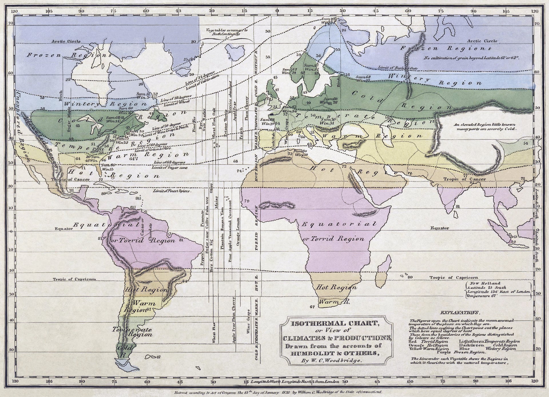Bản đồ đẳng nhiệt toàn cầu sử dụng dữ liệu thu thập được bởi Humboldt, dựng bởi William C Woodbridge, năm 1823. Nguồn: Alexander von Humboldt/W.C. Woodbridge