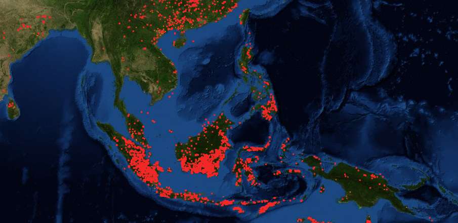 Sau cháy rừng ở Indonesia. Biểu đồ ngày 22/09, trong đó các chấm đỏ biểu thị các điểm nhiệt. Nguồn: FIRMS/NASA