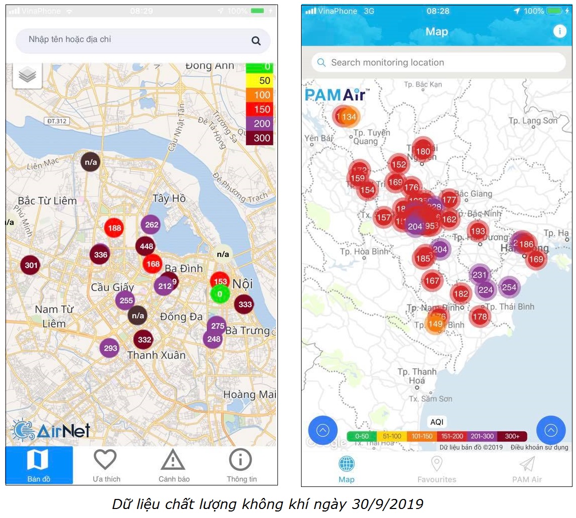 Chỉ số chất lượng không khí AQI ngày 30/9/2019 tại một số địa điểm phía Bắc, hiển thị trên các ứng dụng khác nhau 