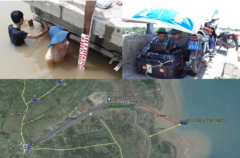 Cán bộ CEFD đang tổ chức bố trí tuyến quan trắc và đo nồng độ bùn cát tại khu vực ven biển Trà Lý, Thái Bình. Nguồn: CEFD