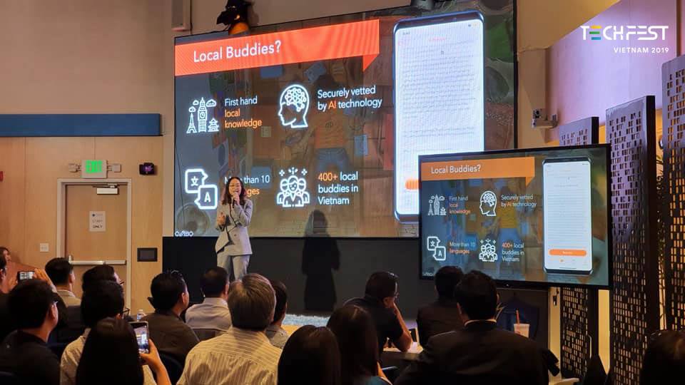 Tạo các cơ hội cho startup kết nối với các nhà đầu tư nước ngoài. Trong ảnh, đại diện Tubudd (ứng dụng du lịch bản địa) thuyết trình với nhiều quỹ đầu tư tại Mỹ vào tháng 9/2019. Ảnh: Techfest Vietnam