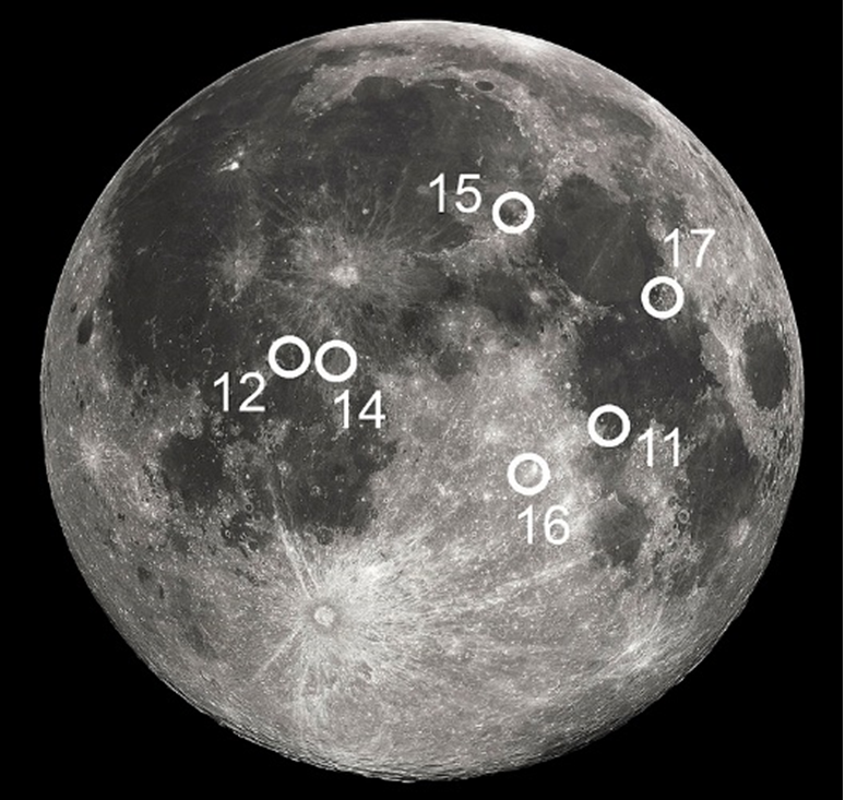 Các vị trí đổ bộ trên Mặt trăng của chương trình Apollo giai đoạn 1969 -1972. Ảnh: Wikipedia