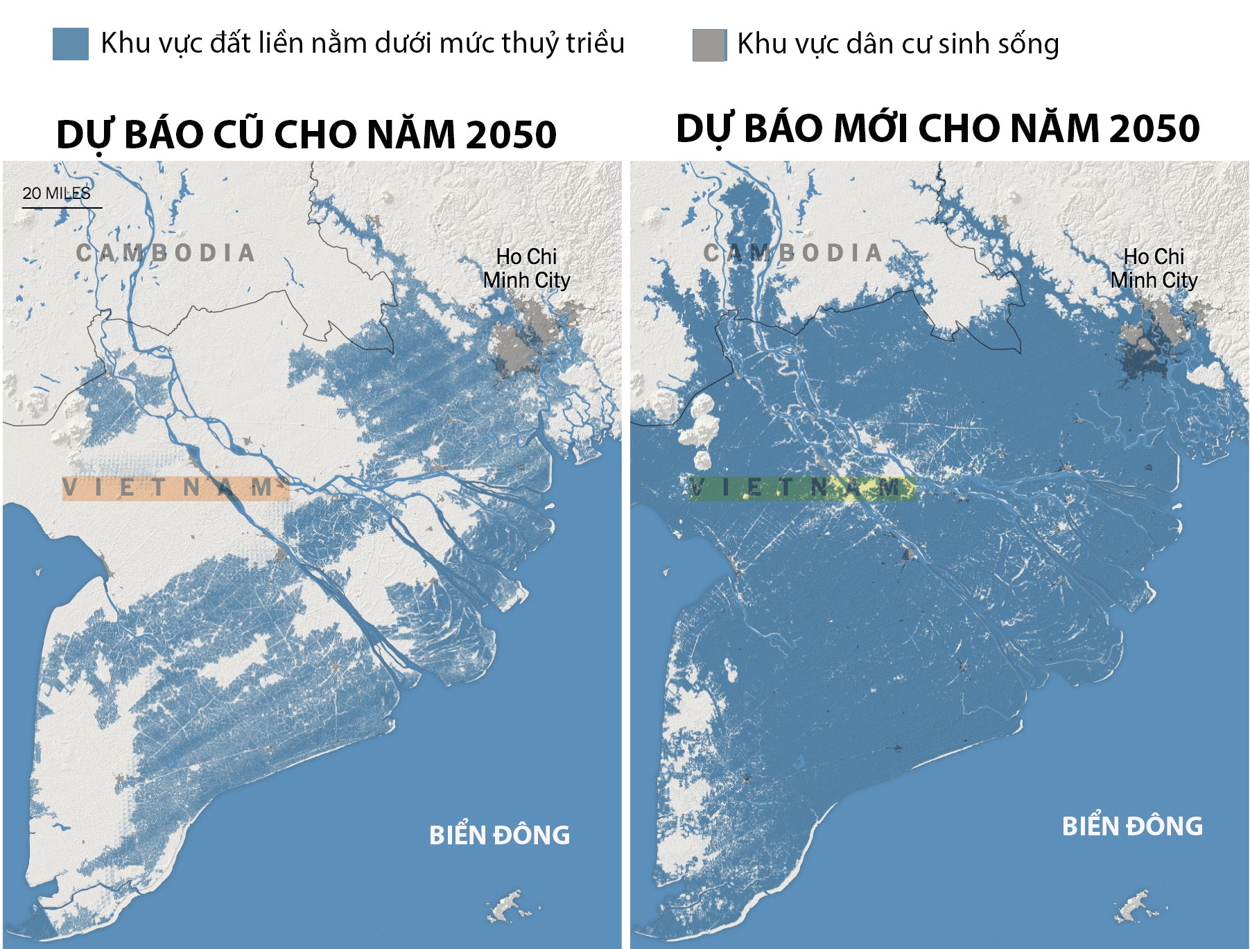 Bản đồ ngập lụt của miền Nam Việt Nam vào năm 2050. Ảnh: New York Times.