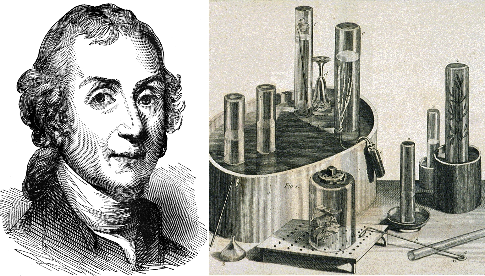 Joseph Priestley và các thiết bị ông thường sử dụng trong các thí nghiệm nghiên cứu về khí. Ảnh: Alamy.
