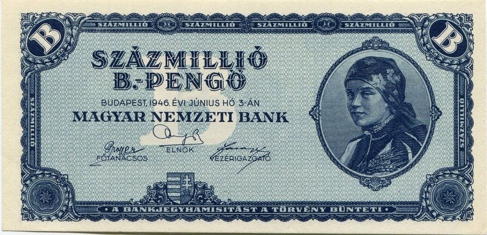 Tờ bạc 100 triệu bpengő được phát hành trong đợt siêu lạm phát năm 1946. Ảnh: Wikimedia.