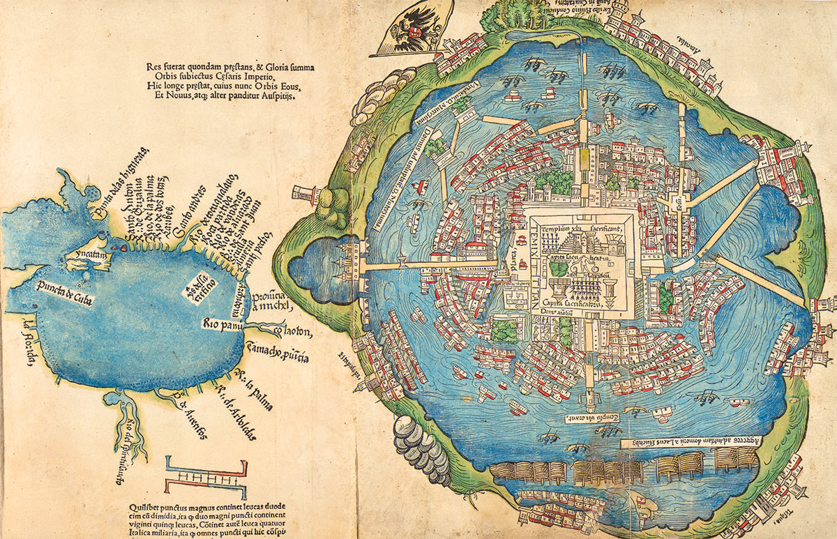 Bản đồ đầu tiên của người châu Âu về kinh thành Tenochtitlan, nay là thành phố Mexico, được khắc in tại thành phố Nuremberg năm 1524. Được cho là được vẽ lại từ một bản đồ cổ của người Aztec, bản đồ minh họa hệ thống đền đài, cung điện, cùng kênh rạch và đê thủy lợi của Tenochtitlan. Ước tính thành phố khi đó có đến 200.000 cư dân. Nguồn ảnh: History Today.