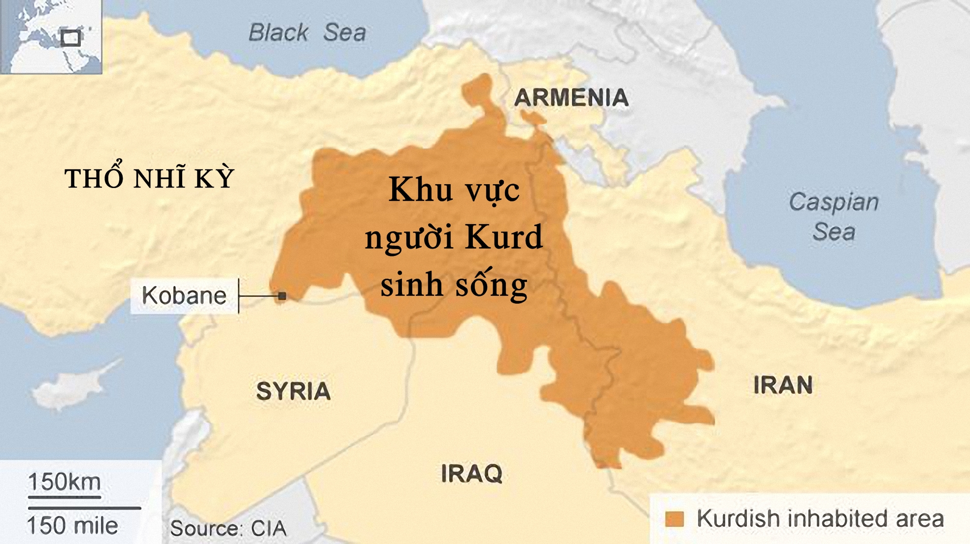 Bản đồ khu vực người Kurd sinh sống, trong đó phần lớn nằm ở Thổ Nhĩ Kỳ. Ảnh: CIA. 