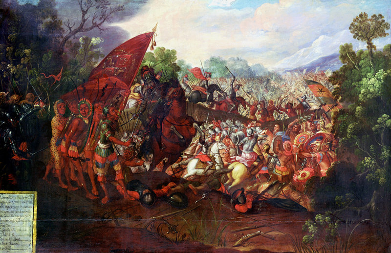 Tưởng tượng của họa sĩ về cuộc tháo chạy của đoàn quân Hernán Cortés khỏi Tenochtitlán, kinh thành của Đế chế Aztec năm 1520. Các conquistador người Tây Ban Nha đặt chân lên Mexico ngày nay lần đầu năm 1519, để dẫn đầu một cuộc xâm lược vào miền đất này. Dù lực lượng Tây Ban Nha chỉ có 500 lính, họ dã thành công trong việc bắt được Hoàng đế của Azztec là Montezuma II. Thành phố sau đó nổi dậy chống quân xâm lược, buộc Cortés và lính của ông phải tháo chạy. Nguồn : NPR/ Ann Ronan Pictures