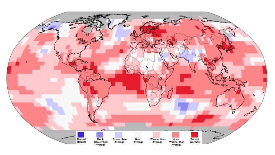 Bản đồ nhiệt độ toàn cầu so với mức trung bình của thế kỷ 20. Ảnh: NOAA.