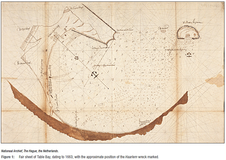 Hải đồ Table Bay thời điểm năm 1663, đánh dấu vị trí nơi con tàu Nieuwe Haerlem bị đắm. Ảnh: Văn khố Quốc gia, Hagel, Hà Lan.