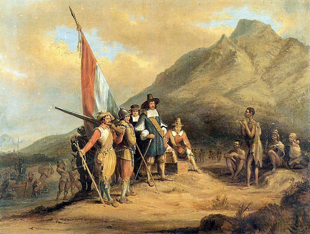Tranh vẽ mô tả Jan van Riebeeck cùng người của mình đặt chân đến Table Bay. Ảnh: Charles Davidson Bell.
