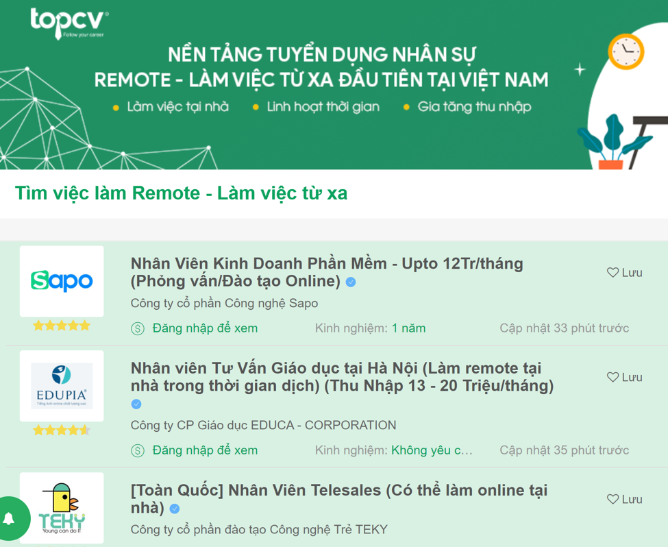 Trang chủ của Chuyên trang việc làm Remote của Top CV.