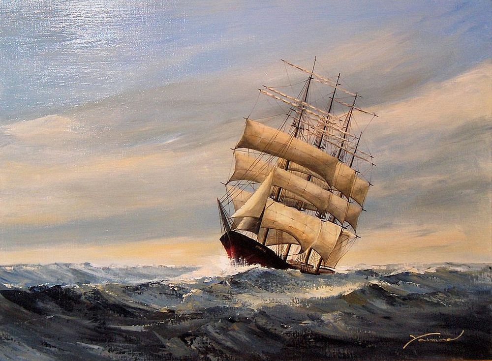 Bức họa “tàu Pamir” của danh họa Yasmina người Bỉ. Pamir là chiếc windjammer cuối cùng chở đầy hàng hóa đi qua mũi Cape Horn. Ảnh: Wikimedia. Bức họa “tàu Pamir” của danh họa Yasmina người Bỉ. Pamir là chiếc windjammer cuối cùng chở đầy hàng hóa đi qua mũi Cape Horn. Ảnh: Wikimedia.