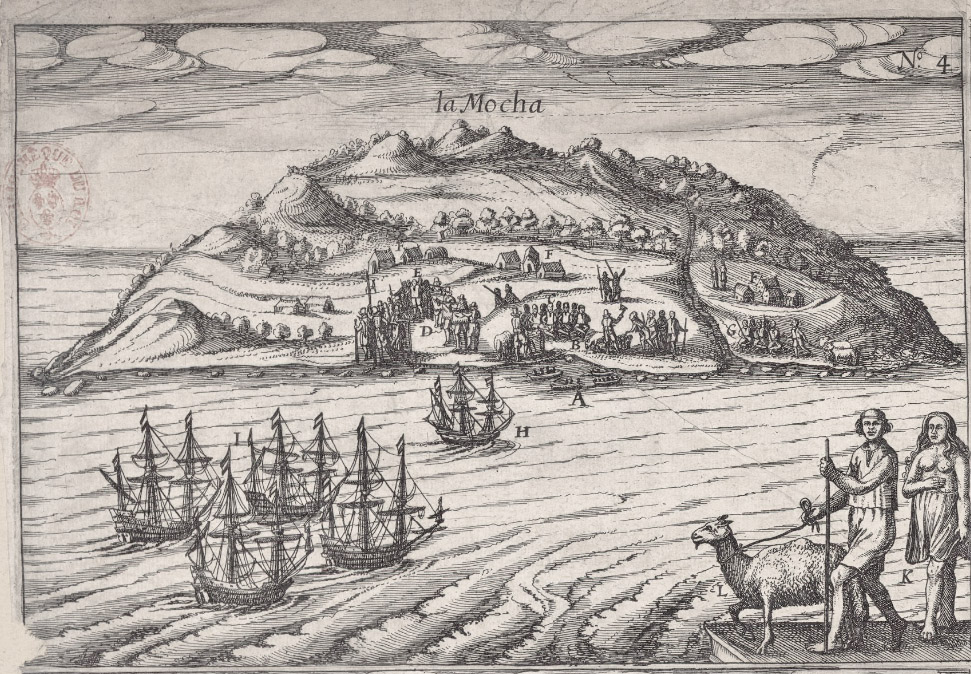Hình vẽ khắc họa đảo Isla Mocha trong cuốn sách về chuyến phiêu lưu của chàng cướp biển Joris van Spilbergen người Hà Lan.