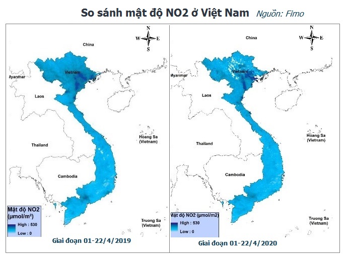 Bản đồ mật độ NO2 tại Việt Nam xây dựng từ ảnh vệ tinh Sentinel 5P. Màu càng đậm chỉ mật độ NO2 càng cao. Dữ liệu thể hiện nồng độ tính theo cột khí từ mặt đất tới tầng đối lưu | Nguồn: FIMO