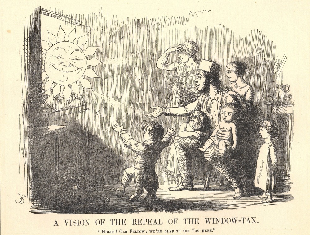Một gia đình hướng tầm mắt ra ngoài trời để ngắm Mặt trời rõ hơn khi thuế cửa sổ bị bãi bỏ, tranh phiếm họa của Richard Doyle (năm 1754).