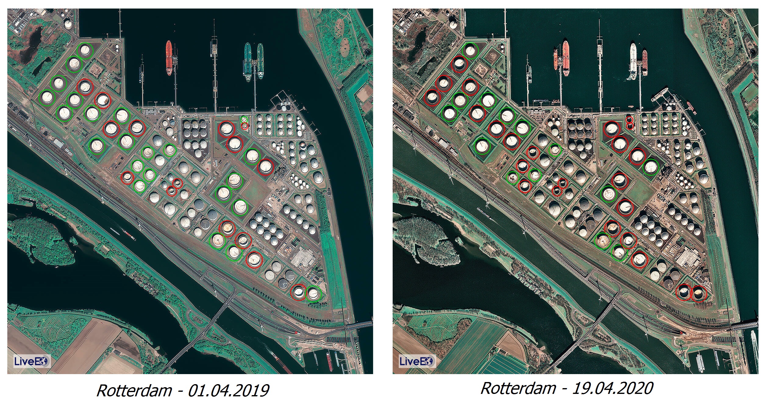 Ảnh vệ tinh chụp cảng Rotterdam với 38 bể dầu Silo tại hai thời điểm trước và trong dịch Covid-19. Bể khoanh màu đỏ là những bể còn sức chứa, trong khi đó bể khoanh màu xanh là các bể đã đầy. | Nguồn: LiveEO/UP42