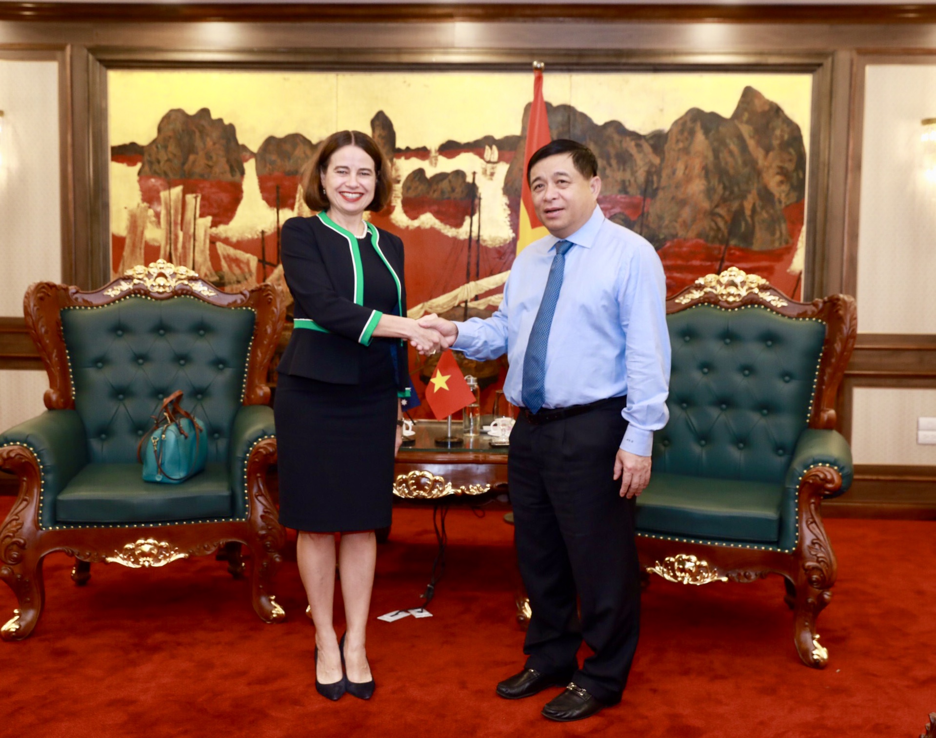 Bộ trưởng Bộ KH&ĐT Nguyễn Chí Dũng (phải) thảo luận với Đại sứ Australia tại Việt Nam Robyn Mudie về mối quan hệ hợp tác phục hồi nên kinh tế hậu COVID-19. | Ảnh: ĐSQ Australia
