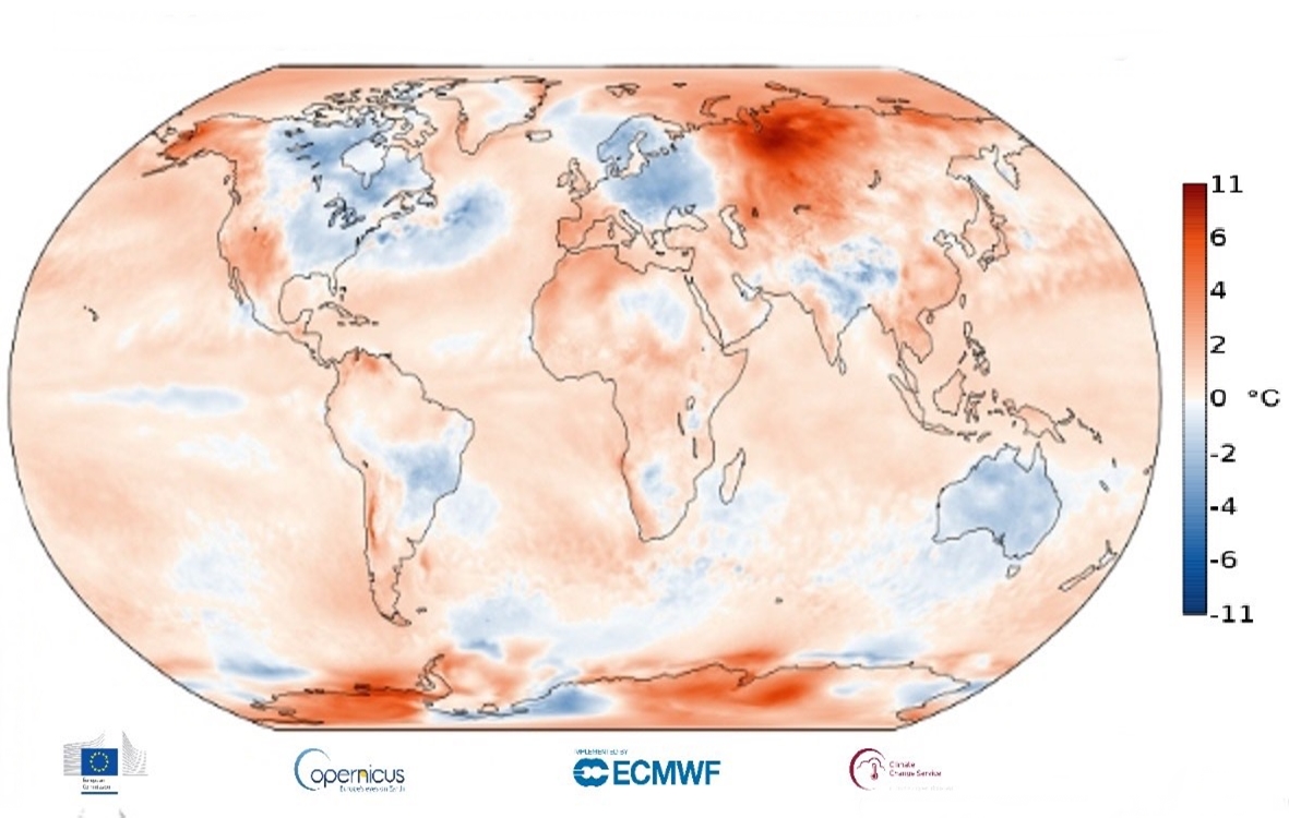 Nhiệt độ bề mặt Trái đất vào tháng 5/2020 so với mức trung bình giai đoạn 1981 – 2010. Ảnh: ECMWWF.