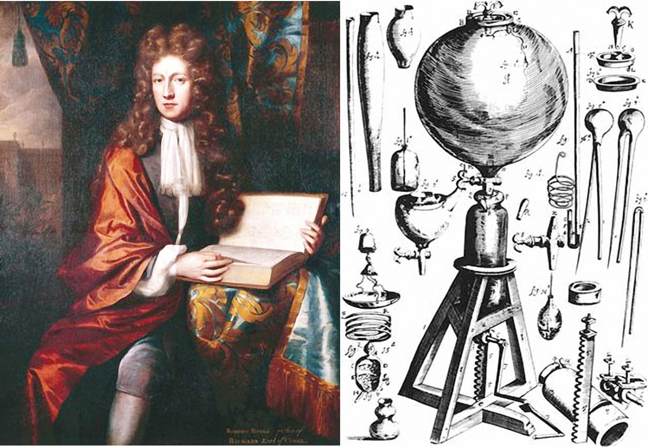 Robert Boyle và “bơm chân không” do ông chế tạo. Ảnh: Nature.