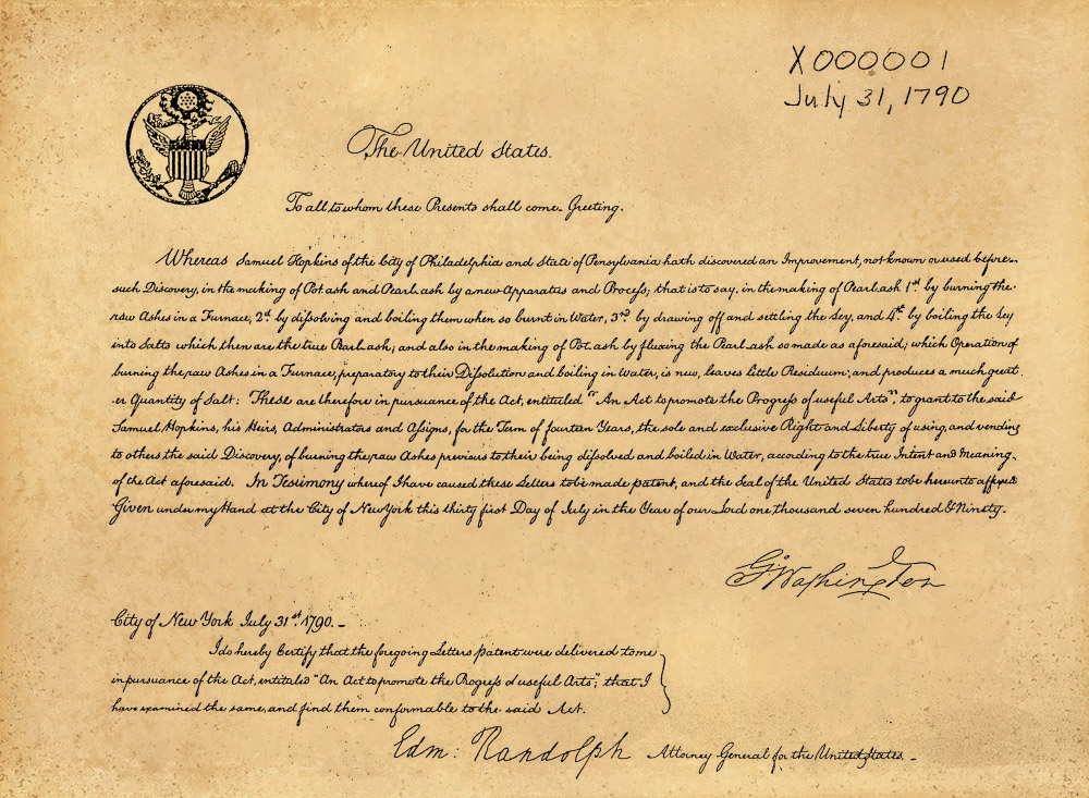 Patent đầu tiên do Cục sáng chế và nhãn hiệu Hoa Kỳ cấp ngày 31/07/1790, cho phương pháp cải tiến của Samuel Hopkins. Ảnh: Wikimedia.