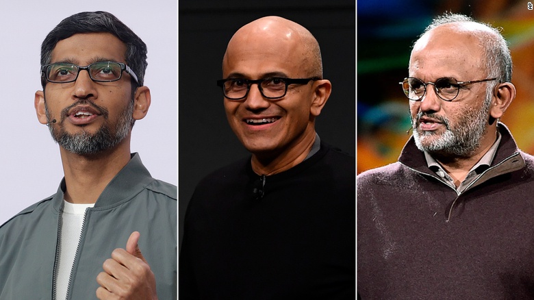 Nhiều CEO công nghệ nổi tiếng thế giới là sản phẩm của nền giáo dục Ấn Độ. Từ trái qua phải: Sundar Pichai (CEO Alphabet), Satya Narayana Nadella (CEO Microsoft) và Shantanu Narayen (CEO Adobe). Ảnh: AP.  