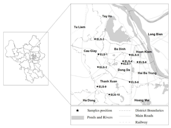Bản đồ Hà Nội và vị trí các trường tiểu học (ELS, đánh dấu *) trong nghiên cứu | Nguồn: VNU