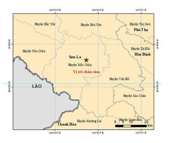 Bản đồ chấn tâm động đất tại Sơn La ngày 27-7