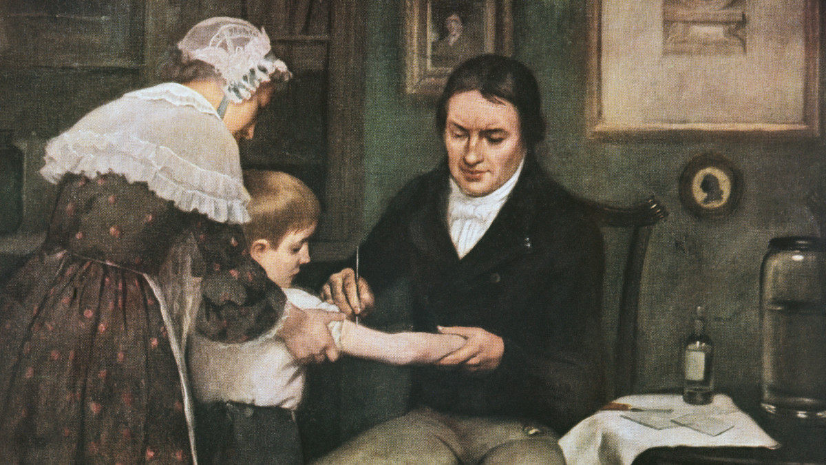 Bức tranh bác sĩ người Anh Edward Jenner tiêm vaccine đậu mùa lần đầu tiên vào năm 1796. Nguồn: DEA Picture Library/Getty Images/history.com. 
