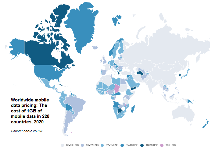 Bản đồ thế giới về chi phí cho 1GB dữ liệu di động 