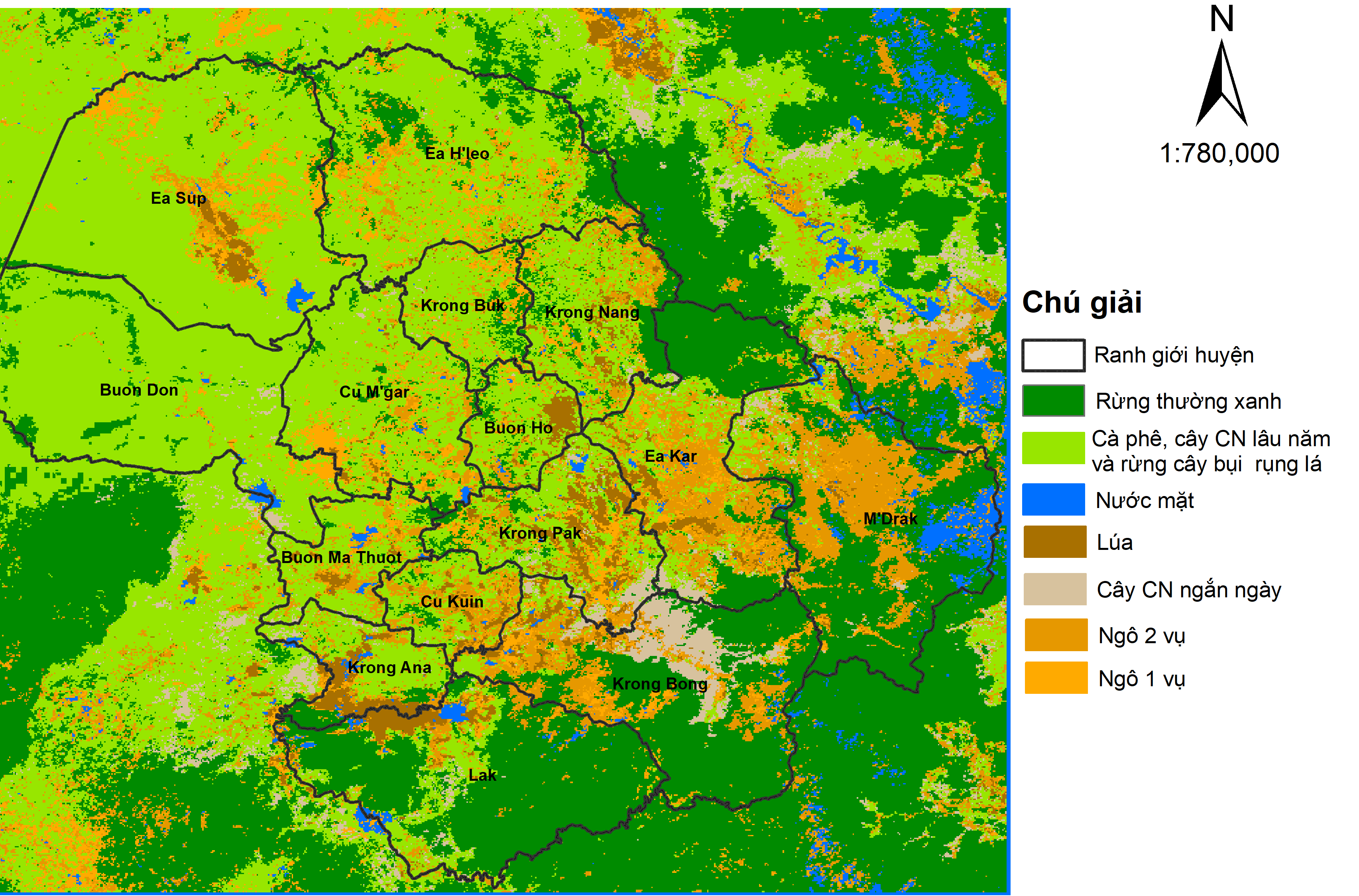 Hiện trạng phân bố vùng trồng ngô và một số cây trồng khác tại Đắk Lắk năm 2019 dựa trên dữ liệu ảnh vệ tinh. Nguồn: nhóm nghiên cứu cung cấp