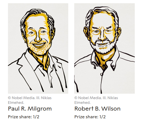 Hai chủ nhân Nobel Kinh tế 2020: giáo sư Paul R. Milgrom và Robert B. Wilson (cùng của Đại học Stanford), mỗi người chia nhau 1/2 giải. Ảnh: Niklas Elmehed/Nobel Media. 