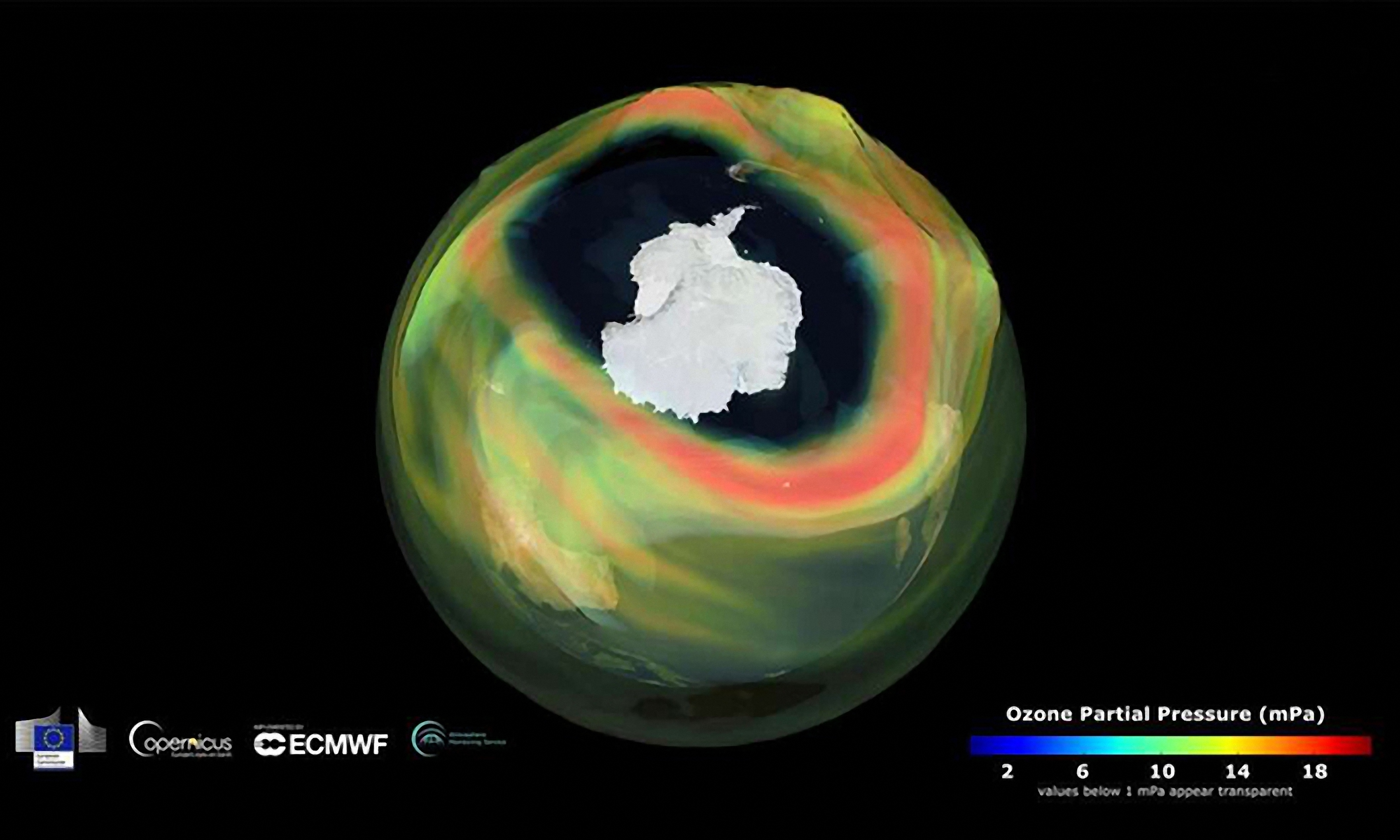 Lỗ thủng tầng ozone ở Nam Cực vào ngày 11/9/2020. Ảnh: CAMS.
