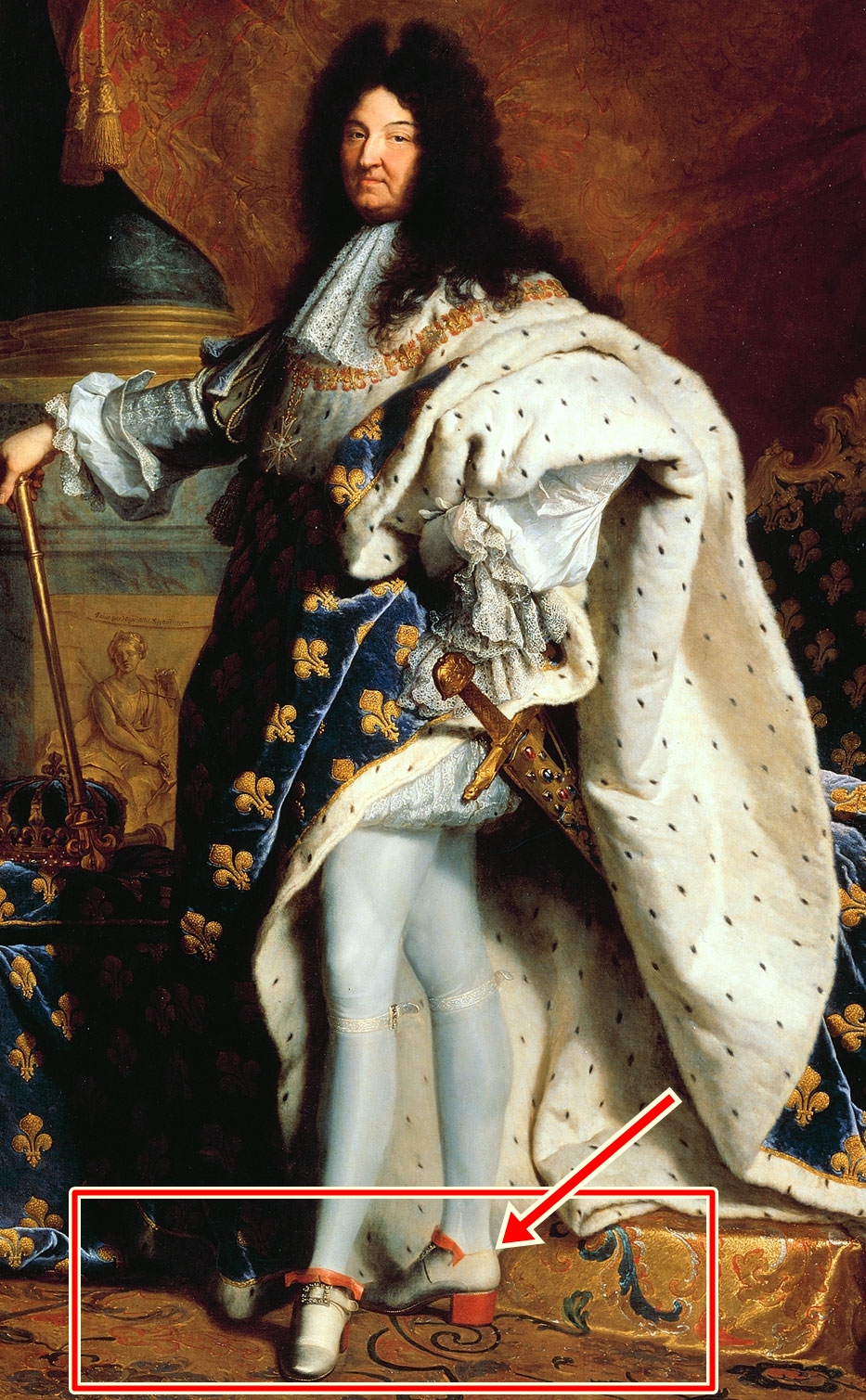 Vua Louis XIV (Pháp) đi giày cao gót trong bức vẽ của Hyacinthe Rigaud năm 1701. Ảnh: Wikipedia.