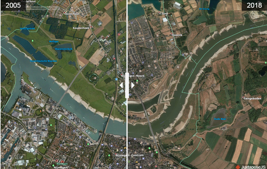 Ảnh chụp vệ tinh thành phố Nijmegen (Hà Lan) trước và sau khi thực hiện dự án “Room for the River”. Nguồn: Nola