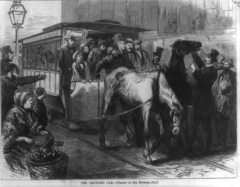 Henry Bergh (đội mũ chóp) đang ngăn một đoàn xe ngựa quá đông đúc, tranh từ tờ Harper’s Weekly vào ngày 21/9/1872. Ảnh: Library of Congress.