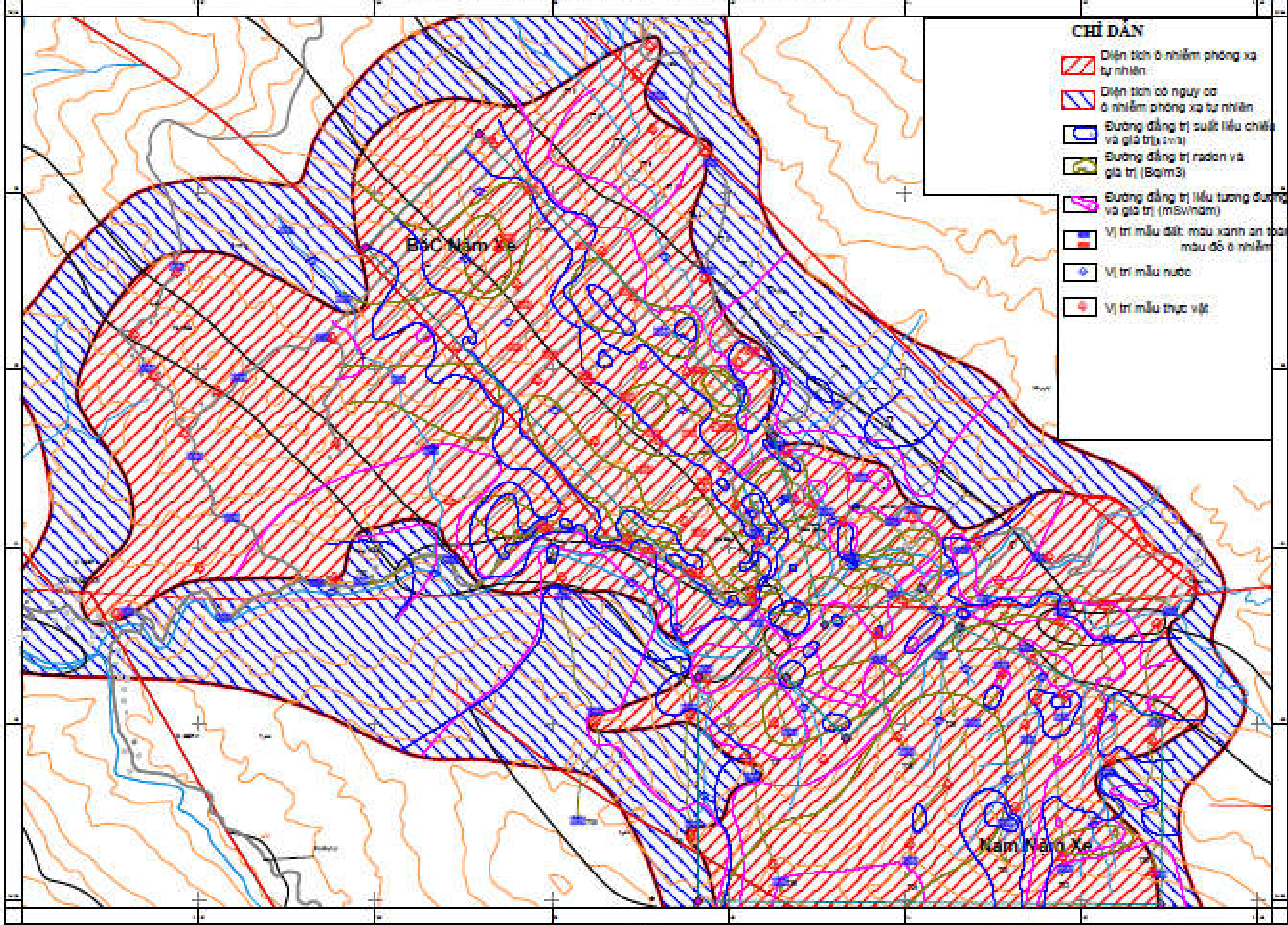Bản đồ phân vùng ô nhiễm phóng xạ do nhóm xây dựng của mỏ Nậm Xe. Nguồn: PGS.TS Phan Quang Văn.